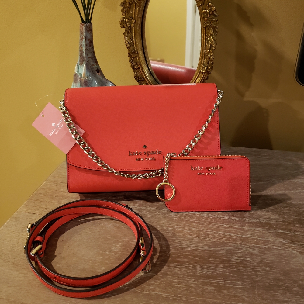 NWT! SET! KATE SPADE Carson Gazpacho Convertible Bag w/ Chain & Med Card Case
